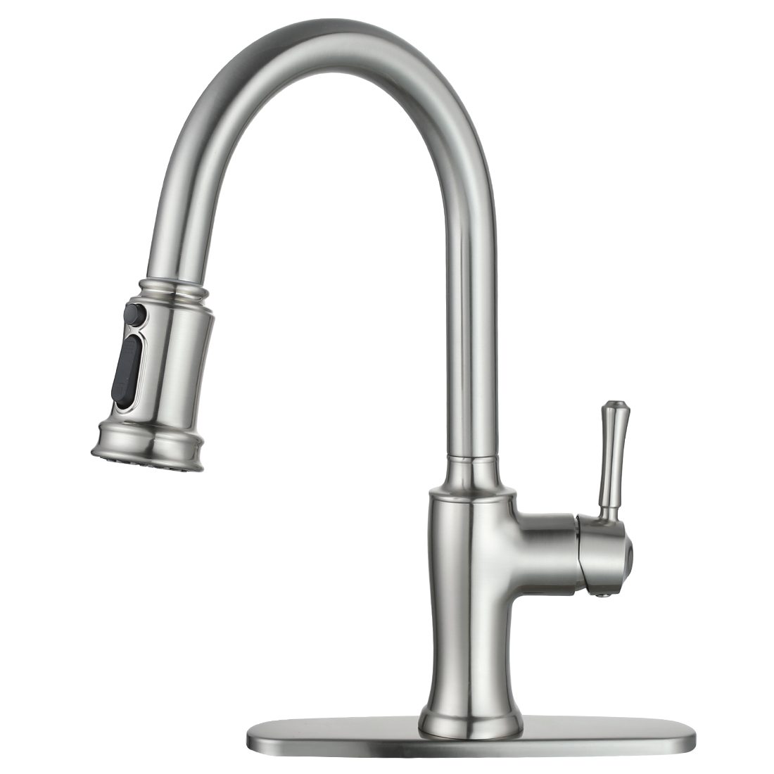 Brushed nickel pull-out kitchen faucet on white