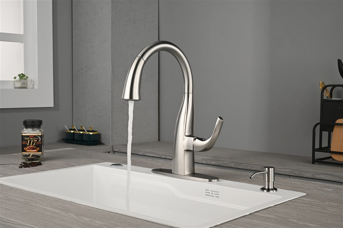 Brushed nickel pull-down kitchen faucet with running water